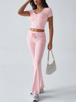 Women's Y2K sports casual style U-neck T-shirt trousers knitted two-piece suit