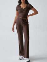 Women's Y2K sports casual style U-neck T-shirt trousers knitted two-piece suit Brown