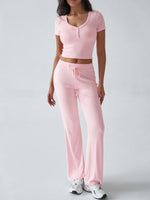 Women's Y2K sports casual style U-neck T-shirt trousers knitted two-piece suit