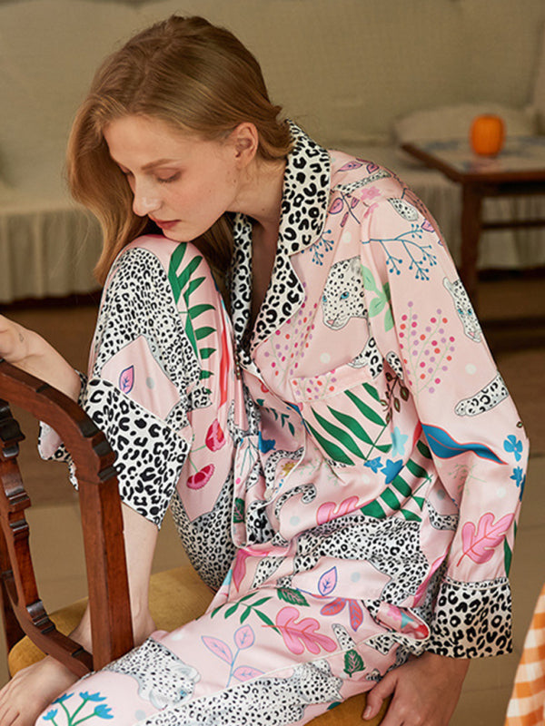 Womens Leopard Print Sleepwear Pink Pyjama Set