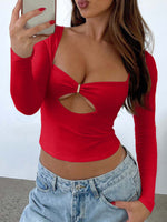 Y2K Style Sexy Long Sleeve Cut-out Top Red