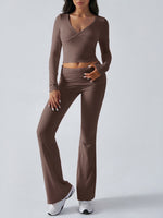 Yoga Wear Slim Fit Sports Knit Long Sleeve Pants Two-Piece Loungewear Set Coffee