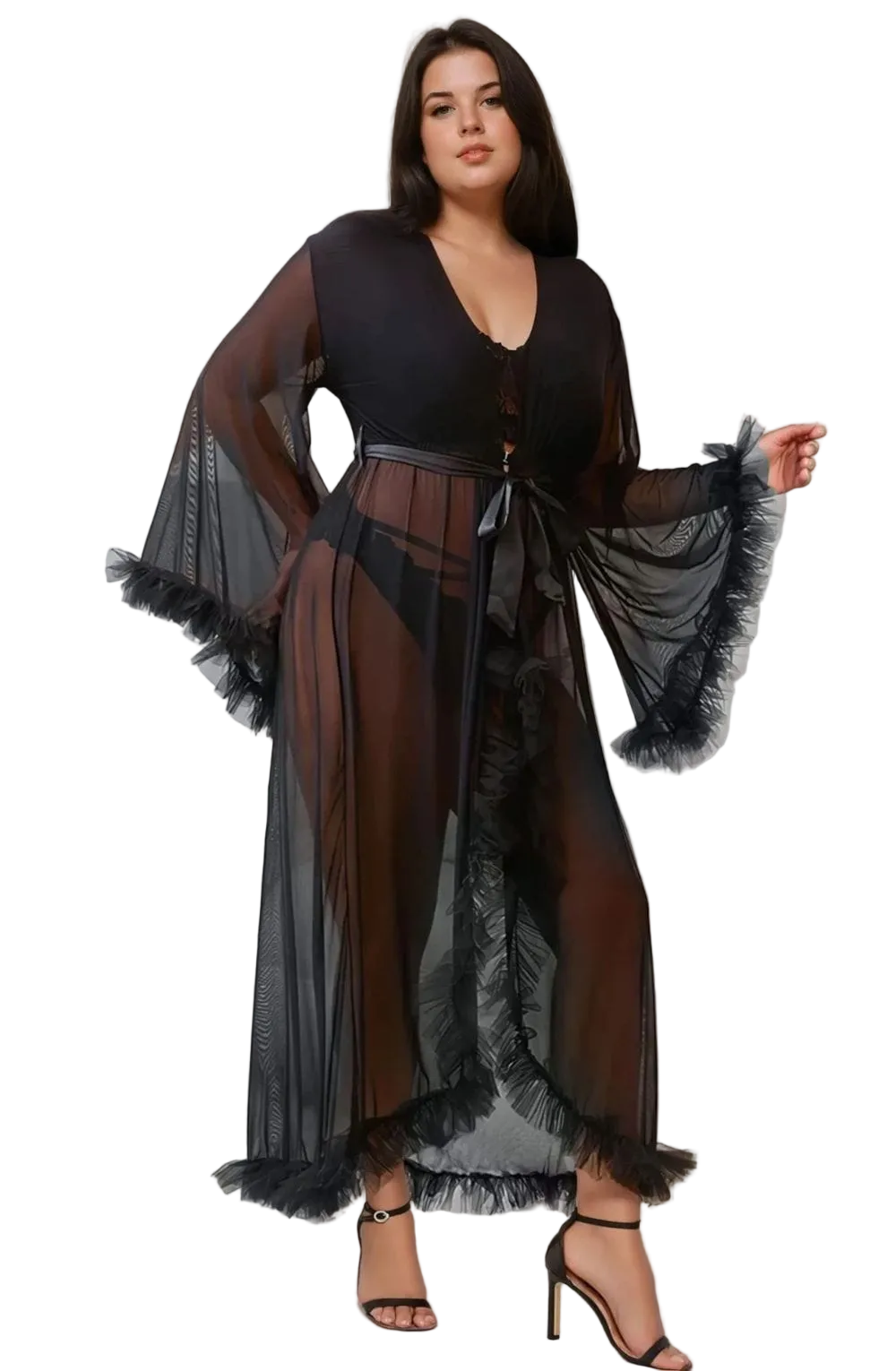 YesX Plus Size Sexy Mesh Ruffled Long Sheer Robe Black