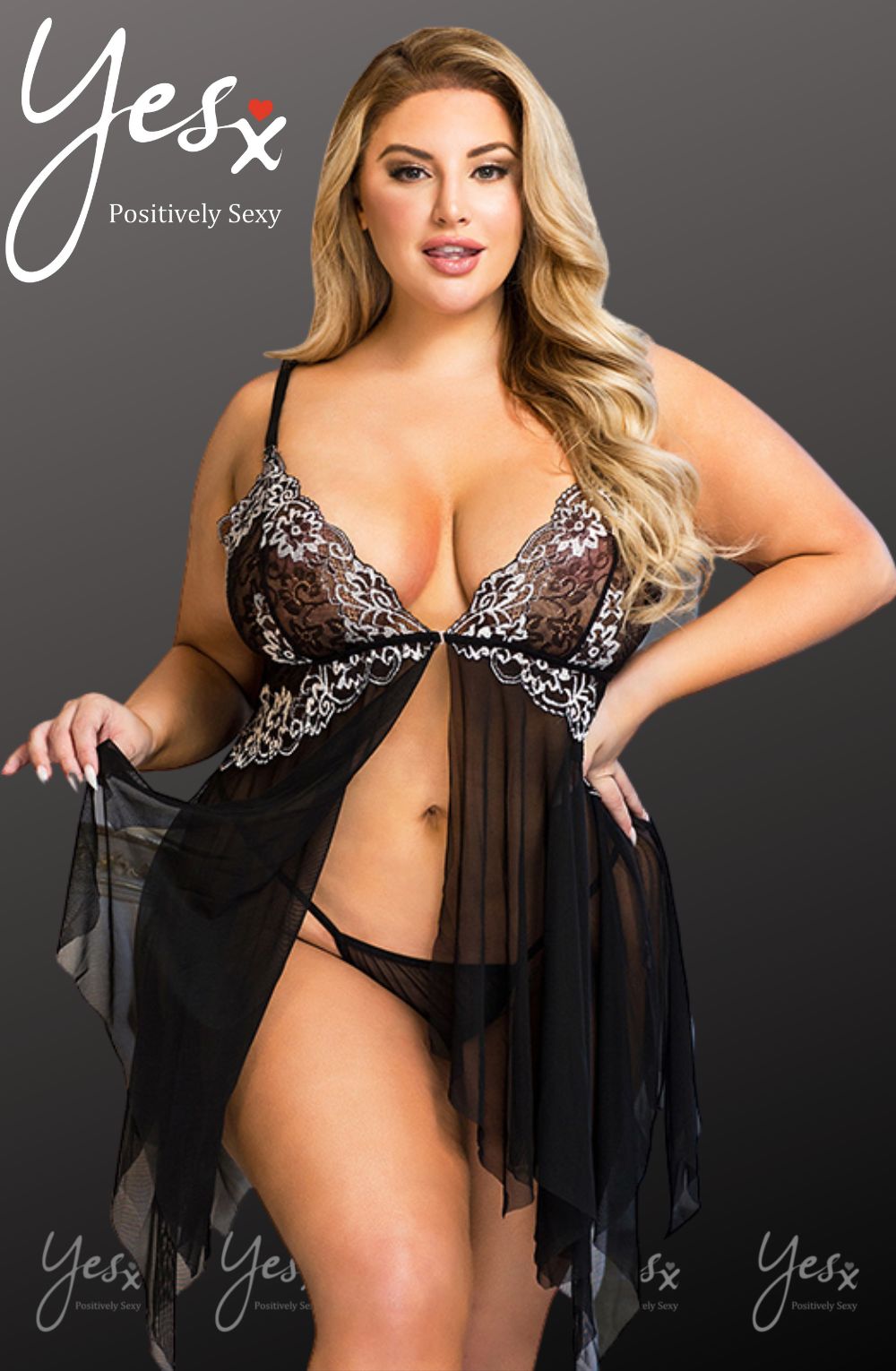 Yes X Floaty Babydoll & Thong Set with Embroidery Black Lingerie Set
