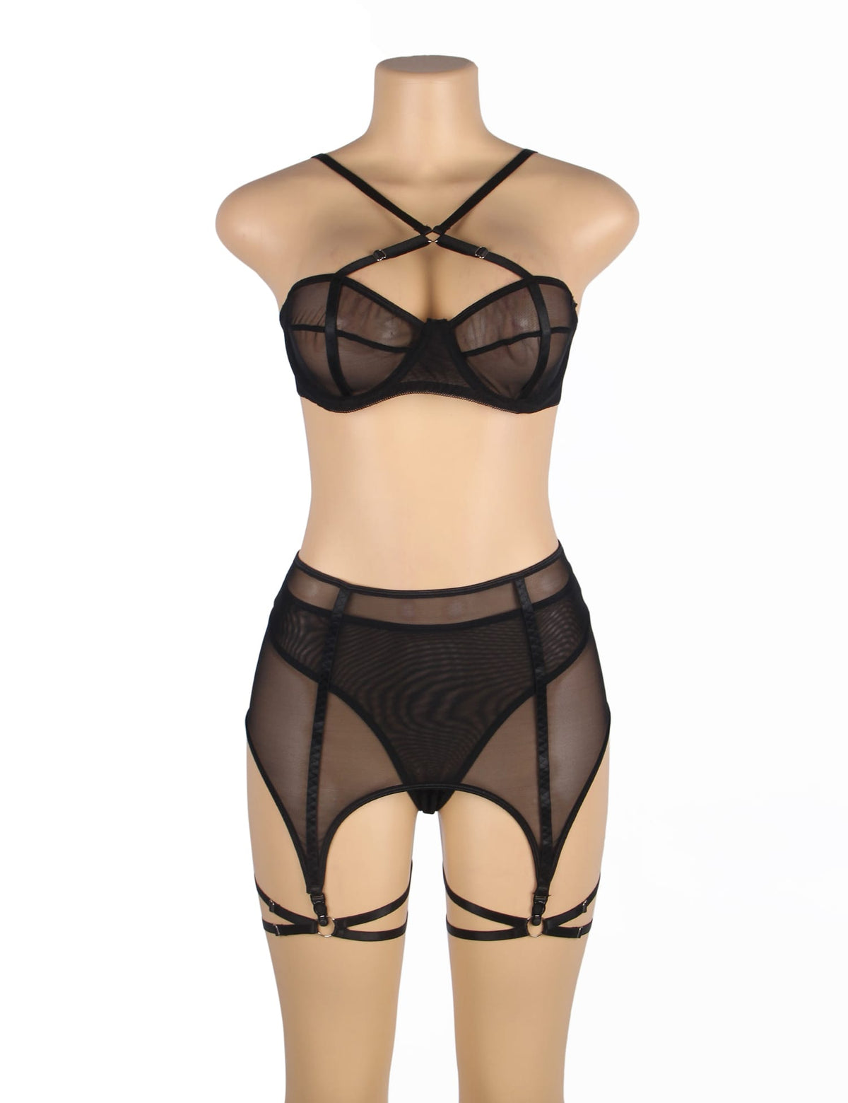 YesX Plus Size Three Piece Bra Lingerie Set Black