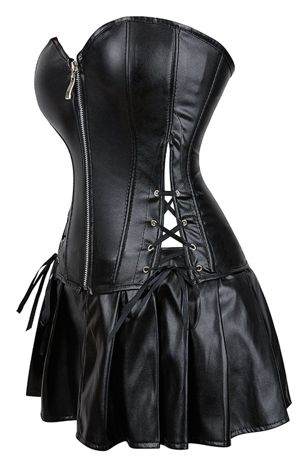 YesX Black Premium Faux Leather Corset & Skirt